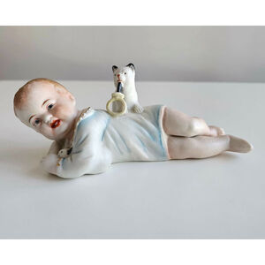 Vintage Porcelain Piano Baby Figurine Crawling with Cat | German Style | As-Is